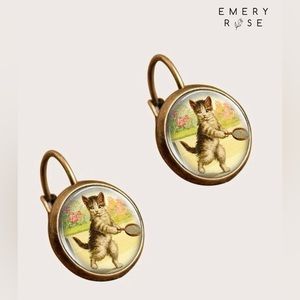 🏸 Vintage Style Cat Playing Tennis -Copper Earrings NWT